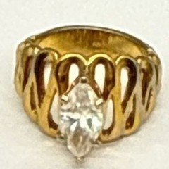 Vargas 18KT GE Marquise Solitaire Rhinestone Ring Cocktail Statement Signed Vtg