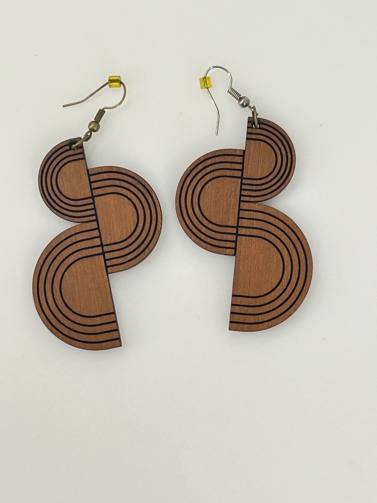 Geometric Wooden Dangle Earrings 3 Inch Modern Art Deco Style