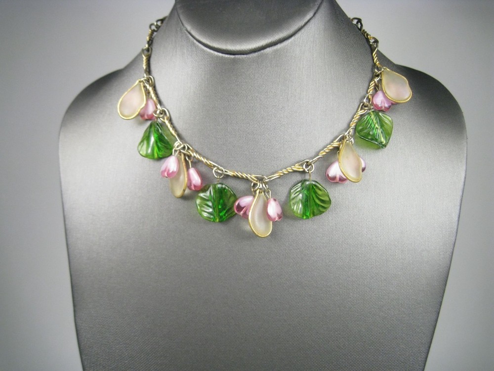 Vintage Gold Tone Fruit Salad Charm Necklace Plastic Charms 15in Boho Heart Leaf