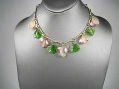 Vintage Gold Tone Fruit Salad Charm Necklace Plastic Charms 15in Boho Heart Leaf
