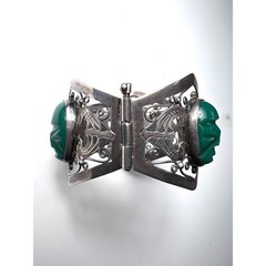 MCM Mexican Sterling Silver 0.925.M Hinged Green Onyx Filigree Panel Bracelet