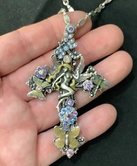 Vintage Kirk’s Folly Fairy Pixies Jeweled Fairy Cross Pendant & Necklace Set