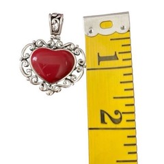 Antique 925 Silver Scrollwork Red Enamel Cabochon Heart Pendant — See Pics!