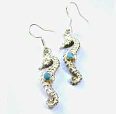 Beautiful Sky Blue Larimar .925 Sterling Silver Dangle Sea Horse Earrings 1.6 “