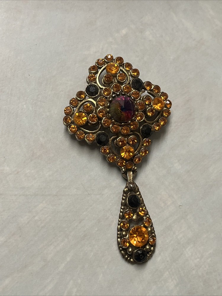 EDLEE VINTAGE RED ORANGE CRYSTAL RHINESTONE DOMED BROOCH 1940s 1950s