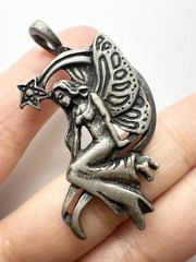 Vintage Pewter Fairy On Crescent Moon Pendant