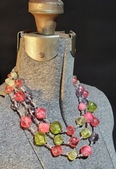Vintage W. Germany Pink Lime Green Lucite Plastic Triple Strand Choker Necklace