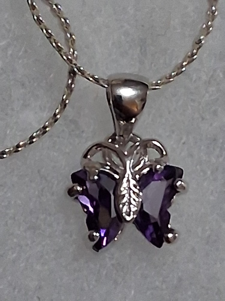 18K GP butterfly pendant necklace, purple stones, prong set, 18″