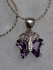 18K GP butterfly pendant necklace, purple stones, prong set, 18″