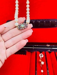 Antique 24″ Pearl Necklace, 18k Diamond Emerald Clasp, Spain Estate, 8 Diamonds