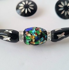 Vtg Japan Laser Cut Metal Lucite Confetti Foil Bead Black Necklace Earrings Set