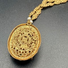 Vintage West Germany Pink Cameo Necklace Exceptional Brass Filigree 1960s