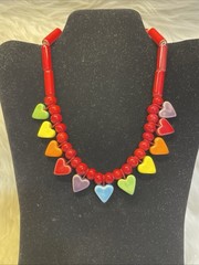 Vintage Flying Colors Ceramic Rainbow Heart Necklace 16” Pride Red Beads