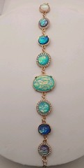Blue & Green Opal Style Stone Bracelet Clear Rhinestone Accent Gold Tone – New