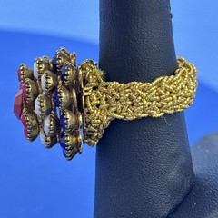 Vintage Red White Blue Rhinestone Stretch Ring Patriotic Flower Dome Gold Tone