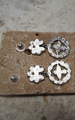 Vintage TRIFARI Dangle Earrings – Silver Tone- Flush Inlay Faux Turquoise
