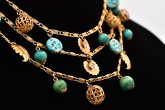 Vintage Beaded Multi-Strand Leaf Charm Necklace Collar Gold Turquoise 70s BinBN
