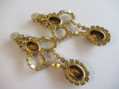 Vintage Green Rhinestone Dangle Clip Earrings 3.5 in Long