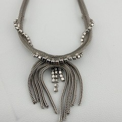 Vintage Mesh Tassel Necklace Rhinestone Silver Tone Dangling Collar
