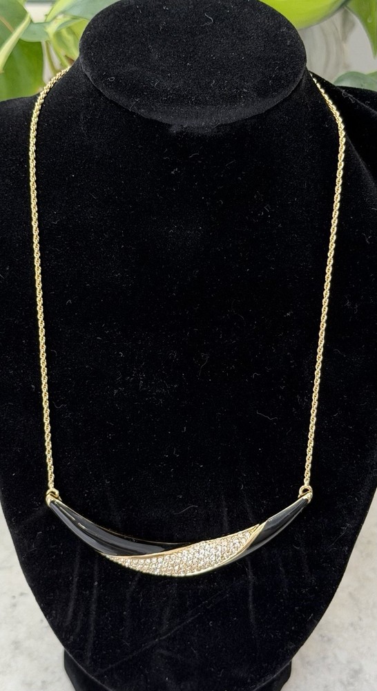 Christian Dior Vintage Necklace Pave Rhinestone Enamel Crescent Gold Plate 16”