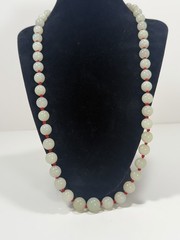 Vintage Chinese Red Knot Celadon Jade Bead Necklace 24” W/ Silver Clasp