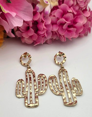 Vintage Gold Tone Cactus Dangle Earrings Hammered Southwest Boho 2.5 In