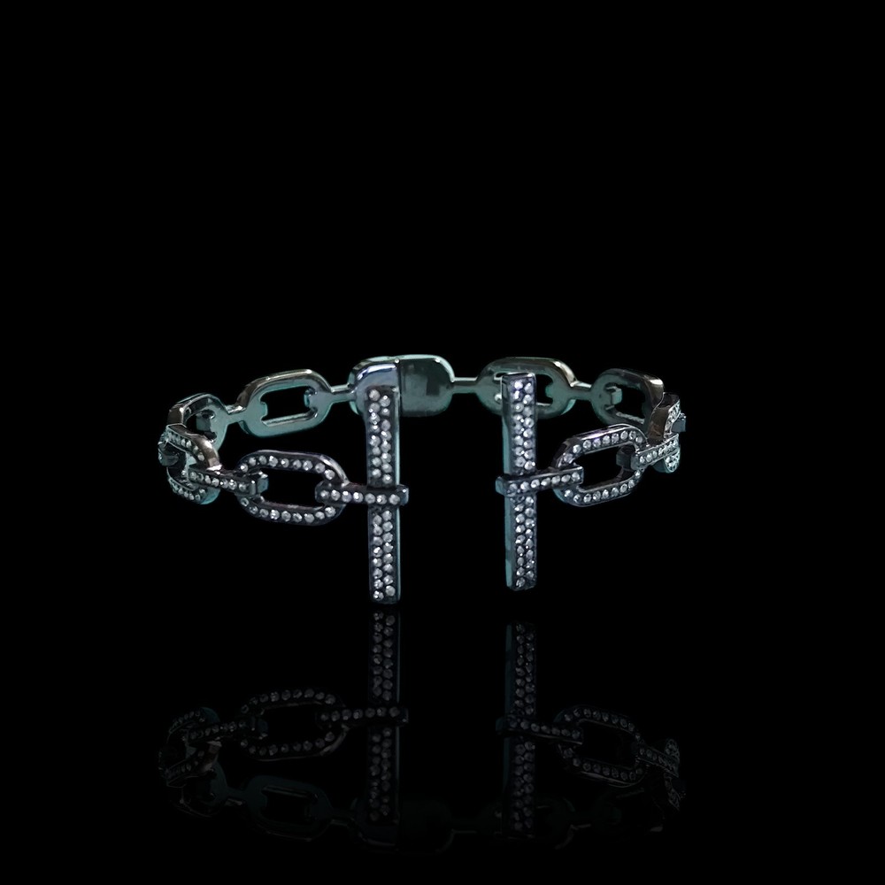 Black Enamel Rhinestone Goth Rock Punk Clamper Bracelet 7.5in