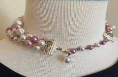 Vintage 1950s Pink Cream Swirl Beaded Triple Strand Necklace Signed Japan Retro