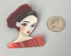 Flat Acrylic Woman-Lady Brooch Sophisticated 2.5” Burgundy-Orange Brown Hair