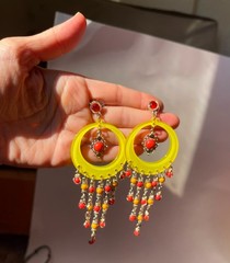Vintage Thailand Boho Lucite Hoop Chandelier Earrings & Orange Resin Bangle Set