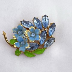 Vintage Flower Brooch Pin Pastel Blue Fancy Rhinestone Enamel Gold Tone Estate