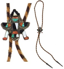 Zuni Multi-Stone Inlay, Silver, and Leather Knifewing God Bolo Tie c. 1940s