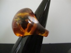 Vtg Unique Pressed Amber Lucite with Insect Ring 6.75US
