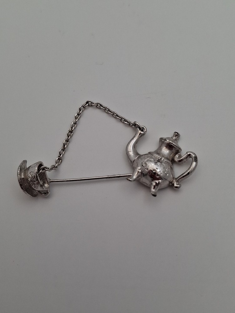 Teapot and Cup Stick Pin Avon 1980’s Silver Color Metal