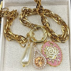 Peachy Pink & Pearly Vintage Charm Trio, Vintage Gold Plated Chain Necklace,OOAK