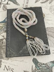Vintage Long Pastel Art Deco Beaded Lariat Necklace Iridescent Blue Pink Flapper