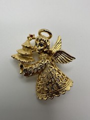Antique Gold Angel Christmas Tree Blue Rhinestone Brooch 4.5cm BB2