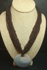 Vintage Brown Glass Seed Beads Necklace Shell Pendent. 4445