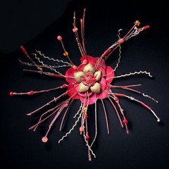 Red Leather Flower Brooch Pin Modernist Statement Atomic Era Vintage