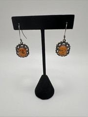 VTG Sterling Silver Amber Dangle Earrings 925 Pierced Floral Cognac Baltic Style