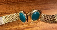 Cufflinks Gold Tone Green Stone Chain link Bullet Back Retro VTG