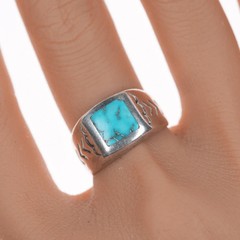sz8 Vintage Native American sterling silver flush inlay turquoise ring