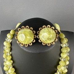 Vintage Necklace Earring Set Lime Green Marbled Lucite Double Strand Clip On