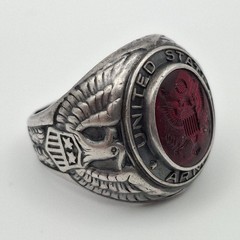 Vintage 925 Sterling Silver US Army Seal Red Intaglio Glass Signet Ring Size 7.5