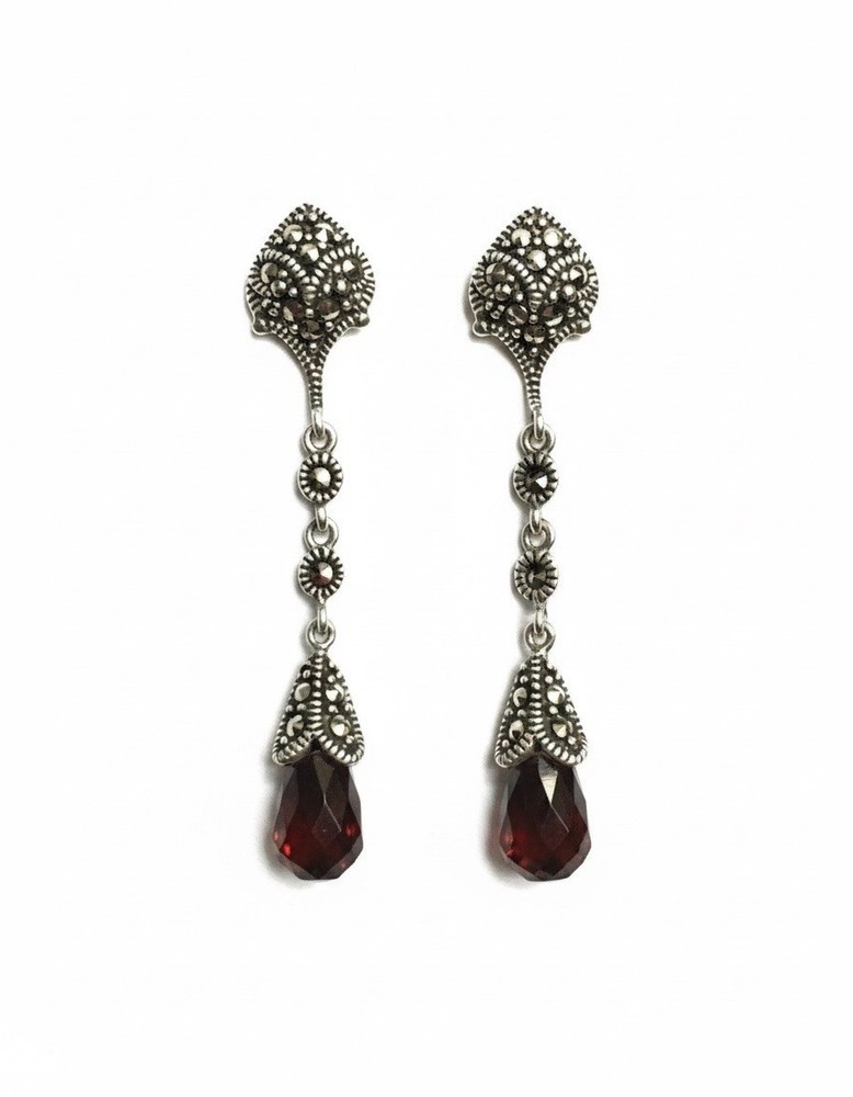 VINTAGE GARNET & MARCASITE STERLING SILVER LONG DROP EARRINGS