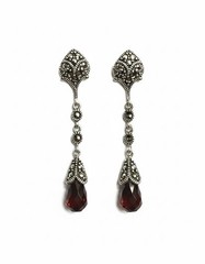 VINTAGE GARNET & MARCASITE STERLING SILVER LONG DROP EARRINGS