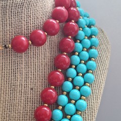 Vintage Red Lucite 30″ & Turquoise Acrylic Bead 60″ Necklace Lot opera Boho