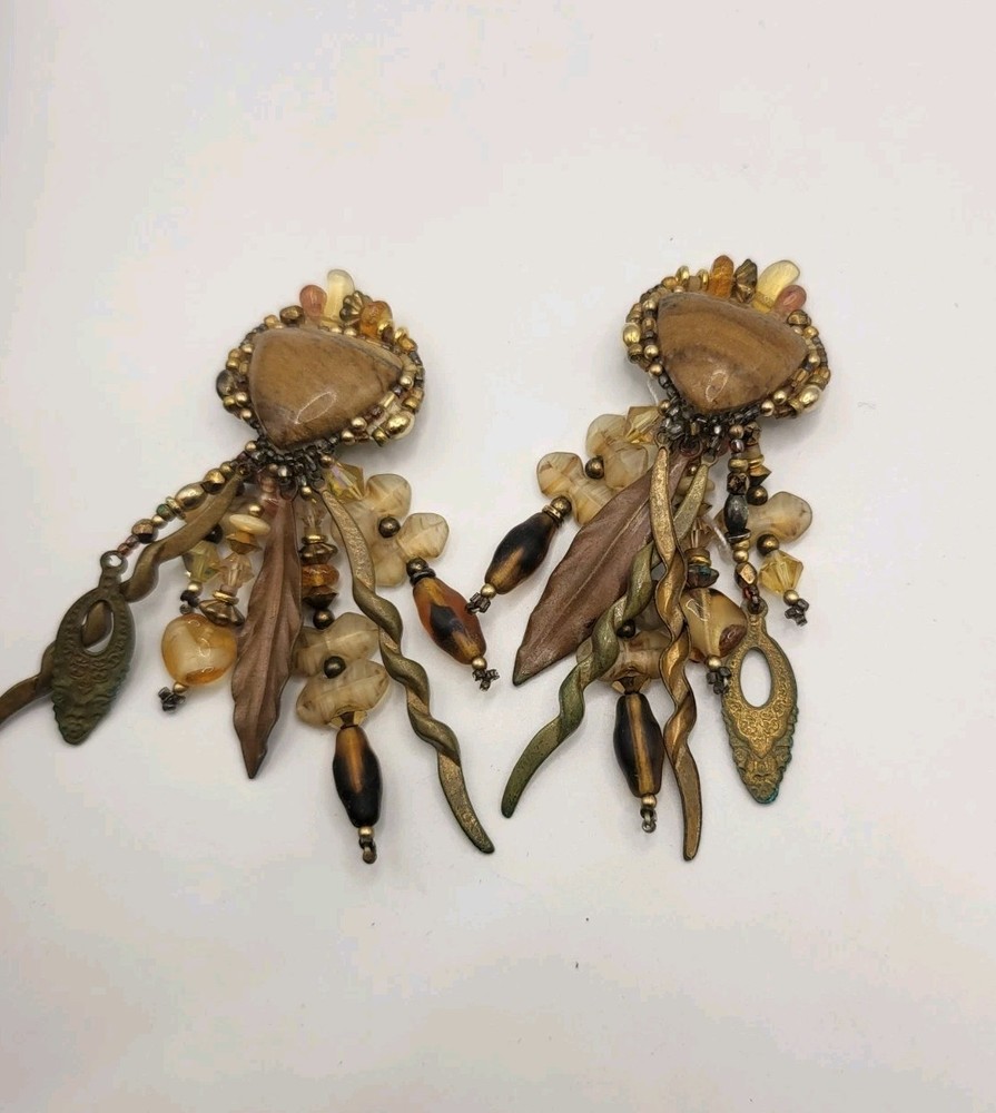 Vintage 80s Signed CHIPITA Joan Eagle Boho Dangle Earrings Jasper Beaded Fringe