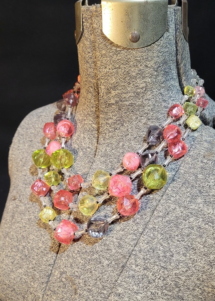 Vintage W. Germany Pink Lime Green Lucite Plastic Triple Strand Choker Necklace