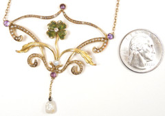 Antique Art Nouveau 1900’S Diamond Pearl Enamel Necklace 17 1/2″ 14K Yellow Gold